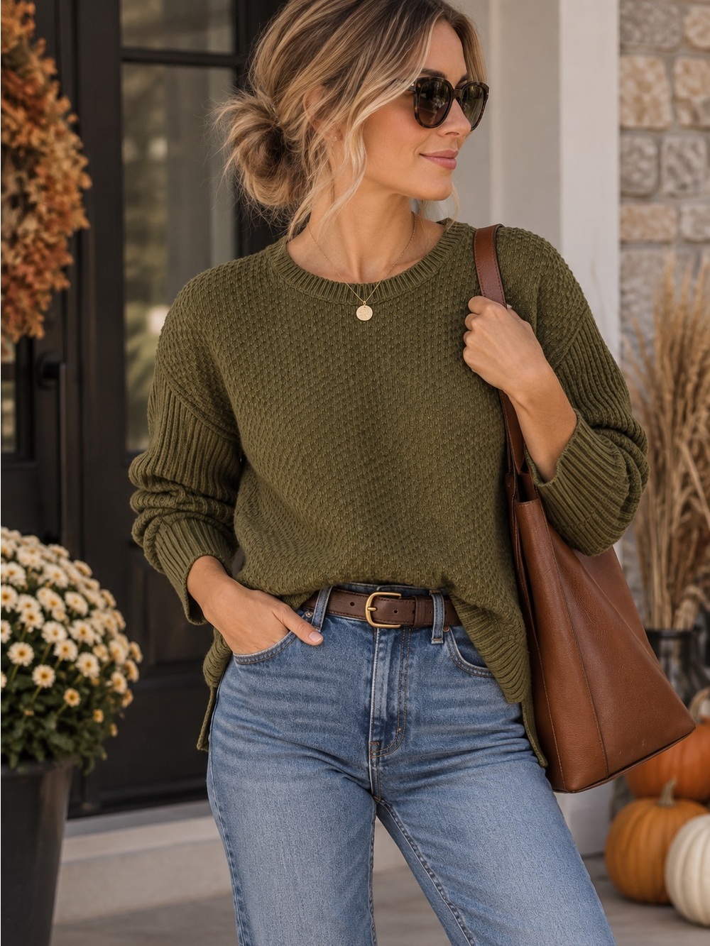Maxwell Olive Green Textured Knit Sweater Size S | Fall Crewneck